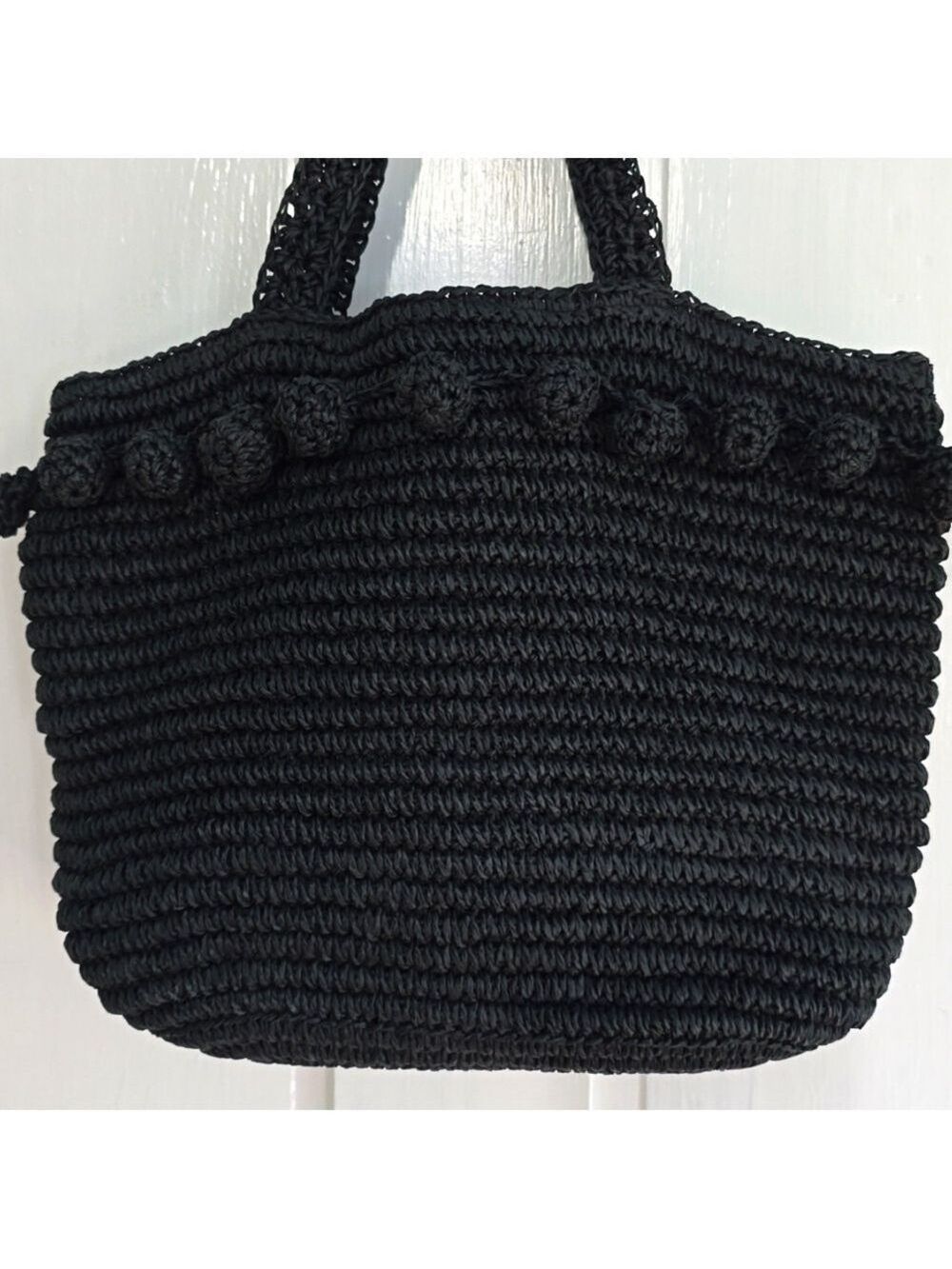 Buji Baja Woven Raffia Straw Handbag with Pom Pom Fringe and Gingham Lining - Picture 4 of 10